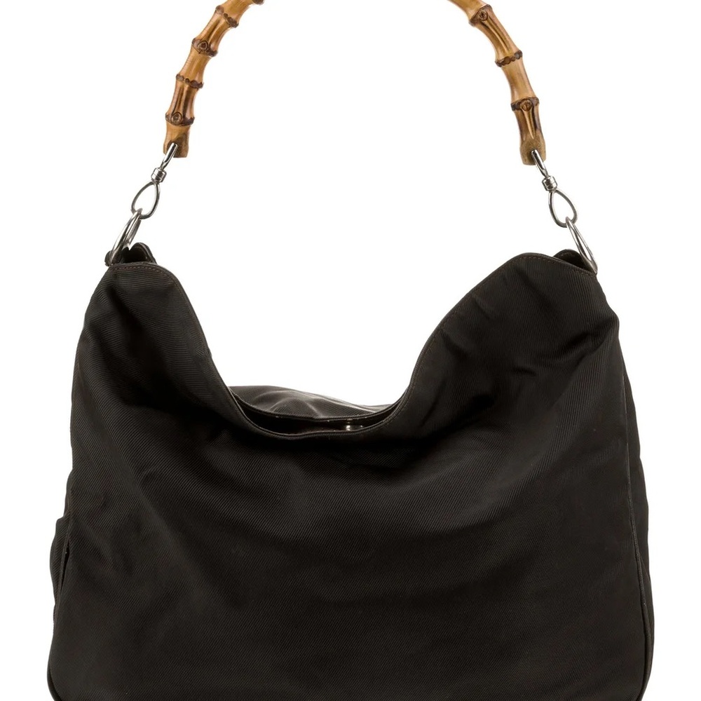 Gucci Black Nylon Large Bamboo Handle Nylon Shoulder Bag